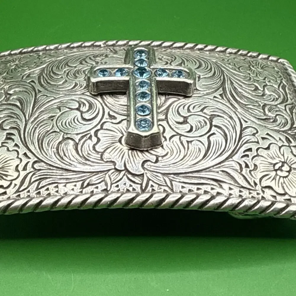 Nocona Womens Silver Tone Belt Buckle Blue Rhinestone Cross Floral Western Rodeo
